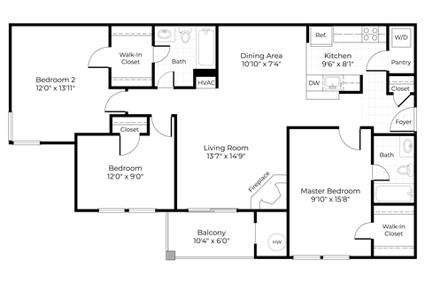 Floor plan for 3 beds, 2 baths, 1178 sqft